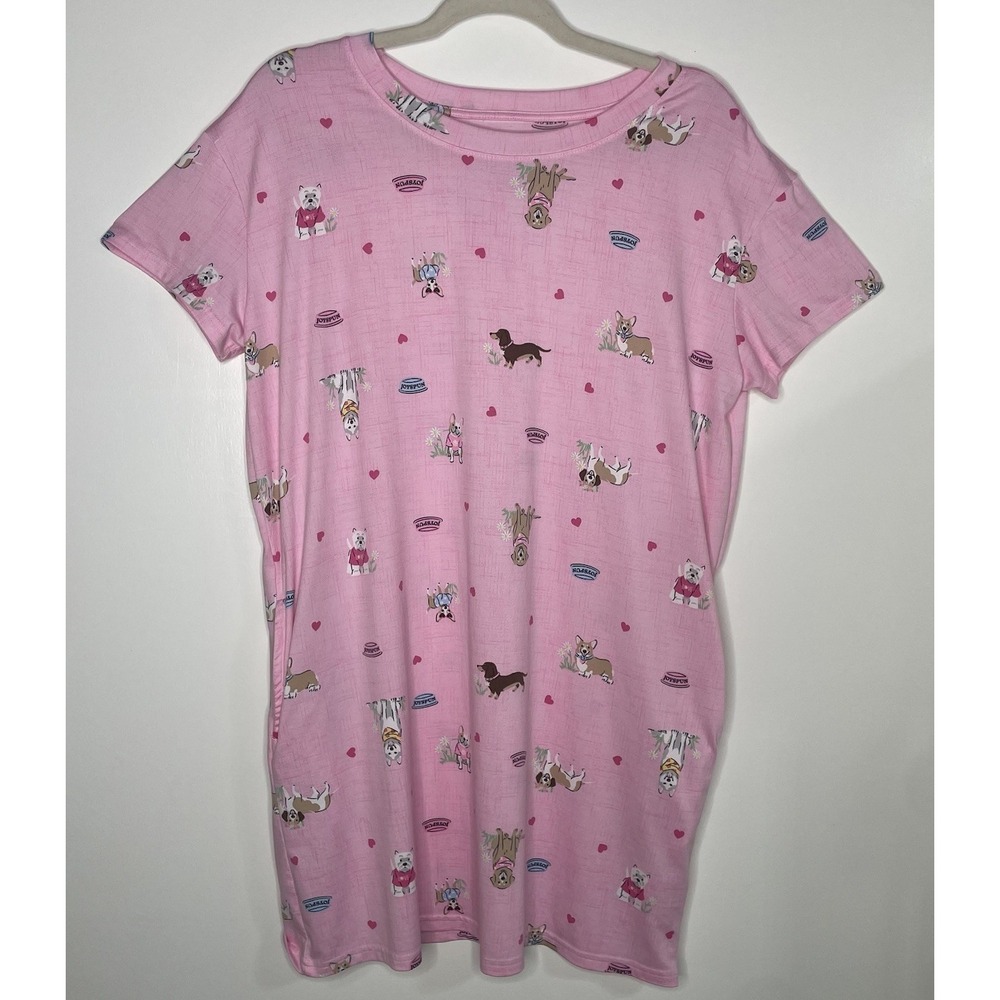 Women's Size‎ S-M Cozy Puppy Dog Nightgown Sleep Shirt Pink Soft Pockets